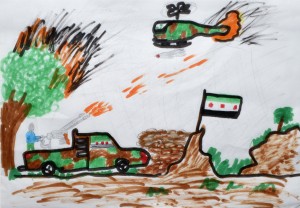 Dessin d'un jeune enfant réfugié qui dépeint clairement la violence qu'ont fui des centaines de milliers de réfugiés syriens (photo CNS/Paul Jeffrey).