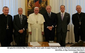 Le pape François, entouré à sa gauche par Mgr, Pietro Parolin, José o Lujân, et à sa droite par ricardo Romano, une personne non identifiée, et Mgr Dominique Mamberti (photo Infobae).