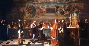 Galilée en procès avec l’Inquisition. L’astronome affirmait que Dieu avait écrit deux livres : la Bible et la nature. Et il disait aux inquisiteurs : « Dites-nous comment aller au ciel et laissez-nous vous dire comment va le ciel. »