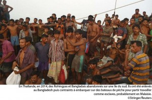 En Thaïlande, en 2014, des Rohingyas et Bangladais abandonnés sur une île du sud. Il ont été enlevés au Bangladesh puis contraints à embarquer sur des bateaux de pêche pour partir travailler comme esclaves, probablement en Malaisie (photo Stringer/Reuters).